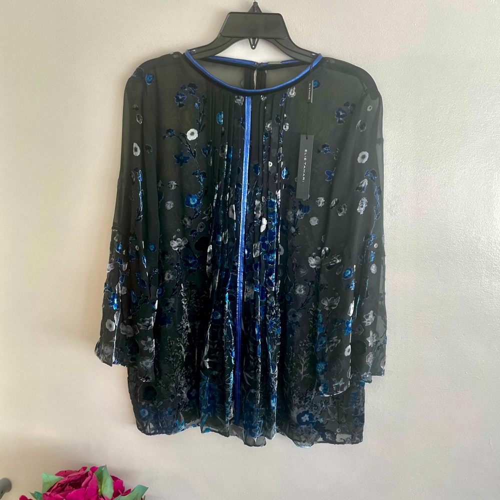 Elie Tahari blouse.  Black,sheer. blue, white and grey, floral design. Size XL